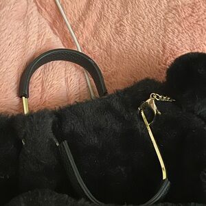 Isaac Mizrahi Black Faux Fur Shoulder Bag with Gold Chain